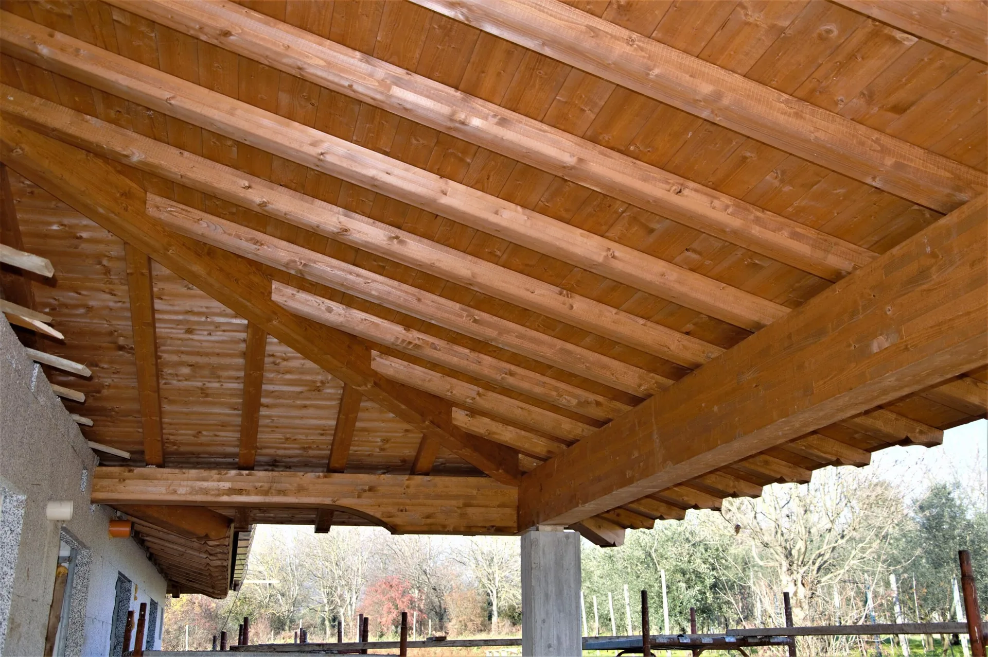 Copertura in legno lamellare con travi a vista, ripresa dal basso