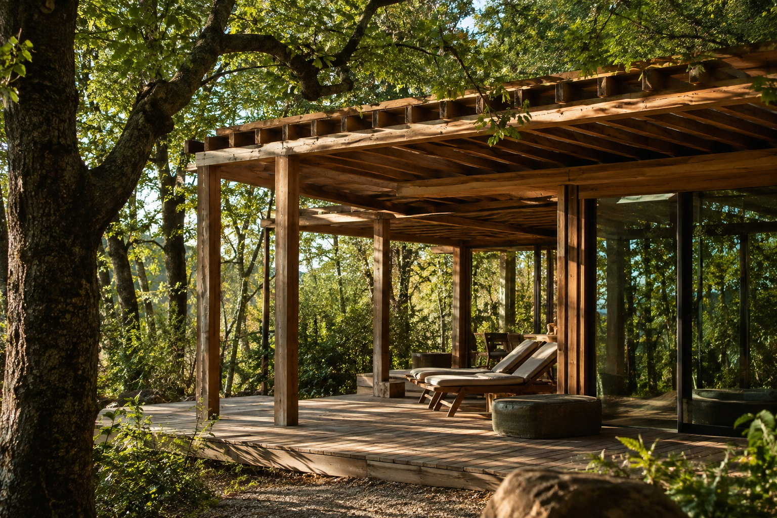 Rendering di un pergolato in legno con zona relax in giardino